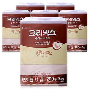 크리넥스 클래식 소프트 200매 3개입 x6개-1box 무향 미용티슈 각티슈