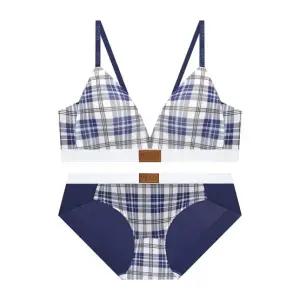 [롯데백화점]게스 네이비체크 화이트밴딩 와이어프리 브라팬티 세트[ODWBR291ODWBP291NY]