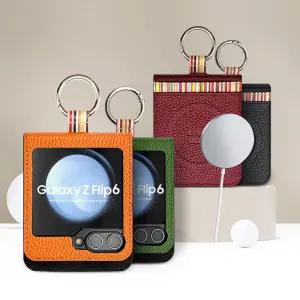 J2 블루까사 맥세이프+핑거링+카드수납형 갤럭시 Z플립6 5 휴대폰 천연 소가죽 케이스