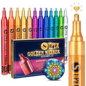 SAKEYR 슈퍼 골든 메탈릭 페인트 마커, 12가지 색상의 반짝이는 글리터 암벽화용 아크릴 펜, 유리, 나무, 천, 검은 종이, 카드, 스크랩북, DIY 아트 크래프트(2-3mm)