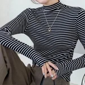 여성 스트라이프 반목티 기모 터틀넥 폴라 티셔츠 겨울 폴라 터틀넥 반목 스트라이프티셔츠 이너 여자 목
