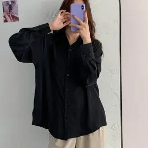 여자 클래식 캐주얼 올블랙 소프트 카라 셔츠