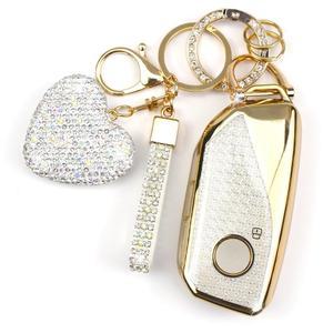 [미국배송] 다이아몬드 키체인이 장착된 이케케이스 키 포브 커버 BMW 차량 홀더와 호환 7 시리즈 740 760I I5 I7 IX X1 X5 X6 XM 2023 2024 여성용 프로텍터 4개의 버튼(화이트 하트)