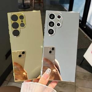 럭셔리 광택 금색 은색 메이크업 미러 하드 PC 케이스 갤럭시 s25 s24 s23 s22 s21 s20 플러스 울트라 FE 백 커버 코크스