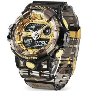 남성용 PINIDUS 남성용 시계 디지털 스포츠 시계 투명 골드 시계 3종 알람 카운트다운 스톱워치 디지털 아날로그 듀얼 타임 라이트 밀리터리 다기능 손목시계