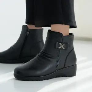 천연소가죽 기모안감 로켈 통굽 큐빅 앵클부츠