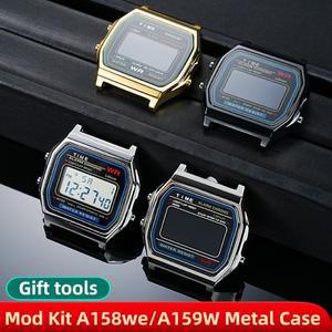카시오 A158WE A159W F-91W용 모드 키트 스테인리스 스틸 케이스, 메탈 스트랩 F91 베젤 유리 나사 방수 링