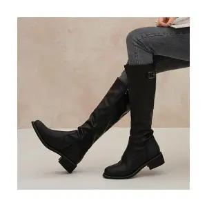 (천연소가죽) 캐주얼 스판 기모안감 키높이 버클 롱부츠 4cm