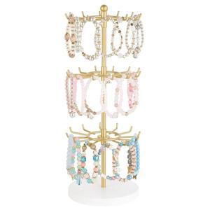 Mkono 팔찌 홀더 골드 메탈 회전 디스플레이 스탠드 3단 주얼리 타워 랙, 36개의 후크 및 우드 베이스 현대적인 조절 가능한 수납 정리 트리 키체인 뱅글 액세서리 판매