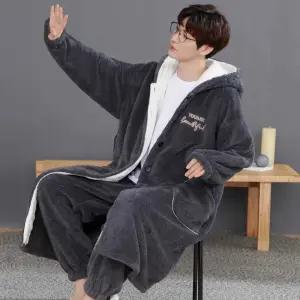 남성 겨울 잠옷 가운 퍼수면 홈웨어 방한 후드형 롱 로브 따뜻