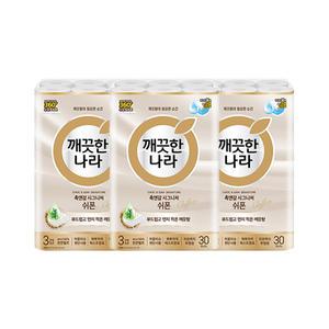 깨끗한나라 천연펄프 3겹 촉앤감 시그니처 쉬폰, 27m, 30롤, 3개
