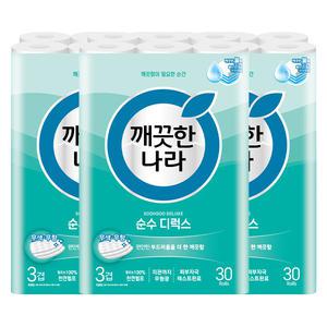 깨끗한나라 천연펄프 3겹 순수 디럭스, 30m, 30롤, 3개
