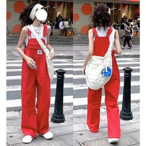 빨강색 멜빵바지 와이드 여성용 오버롤 데님 팬츠 S 바지 빨간색
