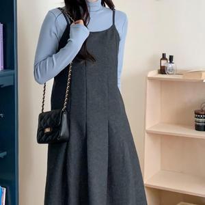 여성 라인 플리츠 모직 끈 나시 롱 원피스