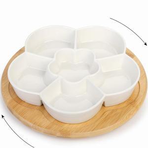 DEAYOU 11인치 게으른 수잔 서빙 트레이, 조용한 회전 트레이가 있는 도자기 분할 접시, 칩 앤 딥용 대나무 세라믹 애피타이저 단면 견과류, 과일, 채소, 꽃 모양