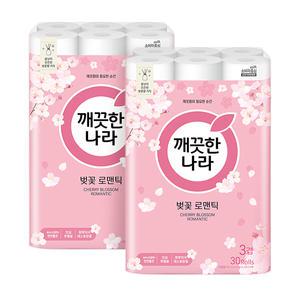 깨끗한나라 천연펄프 3겹 벚꽃 로맨틱, 27m, 30롤, 2개