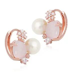 14K 금침 이어링 델핀 큐빅 진주 핑크쿼츠 하객 원터치 링 귀걸이
