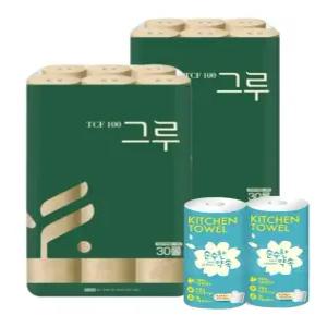 그루 오리지날 무표백 천연펄프화장지 3겹 30m 30롤 2팩+순수한약속 키친타월 65매 2롤