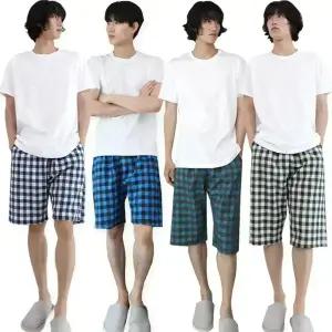 남성 잠옷 바지  큰체크 5부 7부  슬레진저 남자  주머니 있는 면 파자마 반바지 홈웨어 하의