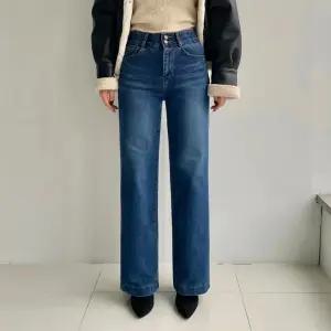 기모 투버튼일자데님 겨울 하우룩 따뜻한 밴딩기모 일자 와이드