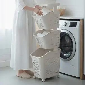 히키스 3단 바스켓 틈새 빨래바구니 이동식 세탁트롤리 슬림정리함