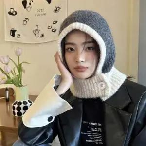 여성 단추 잠금 목 보호 귀여운 외출 방한 겨울 모자