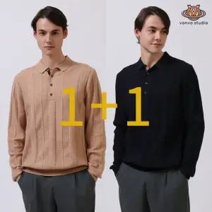 (1+1)[본보스튜디오]남성 넥라인 배색 입체패턴 카라니트