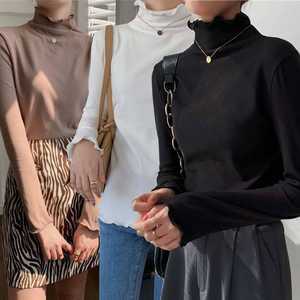 링클 프릴 목폴라 긴팔 티셔츠 가을 봄 긴팔 데일리 터틀넥 겨울 사계절 얇은 이너티