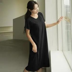 파란 내추럴코튼 루즈핏 무지 반팔 원피스 홈웨어