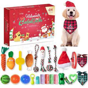 강아지 어드벤트 캘린더 2024, 24일 애완동물 장난감 크리스마스 카운트다운 캘린더, 씹는 밧줄 장난감, 삐걱거리는 공, 이 도이 작은 대형 강아지용