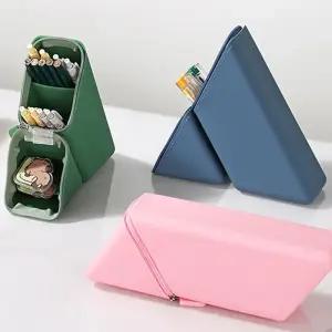 디자인쿡 삼각 스탠드 실리콘 필통 펜 케이스 펜꽂이 다용도 파우치 연필 대용량 휴대용 지퍼 세우는 펜통
