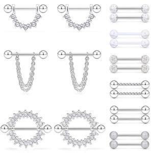SCERING 14G 스테인리스 스틸 클리어 CZ 쉴드 니플 링 텅 바벨 여성용 리테이너 바디 피어싱 보석 12-18PCS