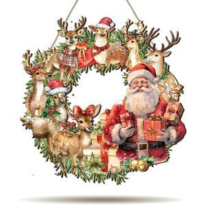 현관문용 빈티지 크리스마스 화환 12인치 나무 레트로 산타클로스와 가정용 실내 야외 농가 벽 창문용 순록 도어 행거 장식