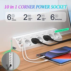 유럽형 멀티 플러그 데스크탑 6구 AC 콘센트 6개 스위치 포함 및 4개 USB 포트 가정용 2m 연장 케이블