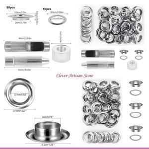 e06b 50 세트 그로밋 키트 20mm 재봉 아일릿 은색 금속 펀치 도구 가죽 벨트 천 저장 상자가있는