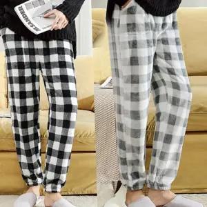 겨울 수면 바지 도톰한 남녀공용 파자마 커플 수면 바지 체크 보온 남성