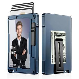 [미국배송] 남성용 UMOVEN 미니멀리스트 지갑 슬림 알루미늄 메탈 머니 클립 카드 홀더 팝업 케이스 신분증 창이 있는 RFID 차단 남성 앞주머니 지갑(파란색)