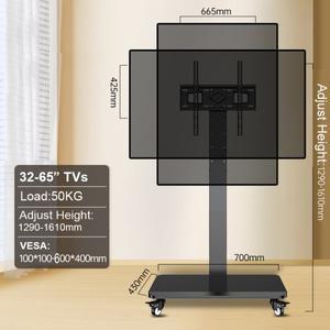 BEISHI 모바일 TV 카트 (26-65인치 최대 110lbs, 높이 조절 선반, 바퀴 달린 이동식 스탠드, VESA 600x400
