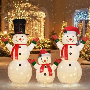 YULETIME 3피스 사전 조명 3D 눈사람 가족 - 152.4cm(60인치), 142.2cm(56인치), 96.5cm(38인치) 크리스마스 눈사람 디스플레이 장식, 250개의 LED 조명 포함(눈사람 가족)
