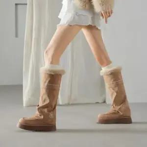 여성용 미들부츠 신발 빈티지 키높이 눈꽃 자수 눈부츠 겨울 기모 도톰 털 힛템