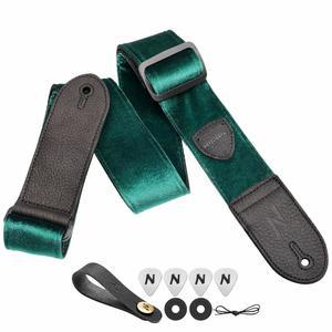 네펠리바타 기타 스트랩, 더블 풀 그레인 가죽 엔드, 빈티지 벨벳 스트랩 /무료 보너스-4 픽 + 잠금 버튼, 베이스, 일렉트릭 및 어쿠스틱 선물(빈티지 크리스마스 그린)