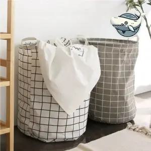접이식 화이트체크 수납 바구니 다용도 원형 방수코팅 패브릭소재 접이가능 세탁바구니