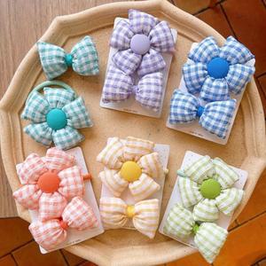 러블리 체크 꽃머리끈 리본 집게핀 2종 세트