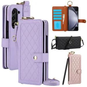 갤럭시 z폴드 7 6 5 4 3 고급 퀄팅 가죽 카드 지갑 펜 수납 링 스트랩 거치대 지폴드 제트폴드 폴더 케이스