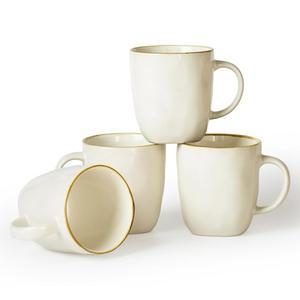 파미웨어 커피 머그잔 세트 4개, 스퀘어 13온스 컵 세트, , 우유, 핫 초콜릿, 차, 물, 주방, 전자레인지 및 식기세척기 사용 가능한 스톤웨어 컵, 바닐라 화이트