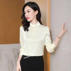 여성 긴팔 상의 봄가을 순색 루즈핏 실크 프릴 하이넥 블라우스 힛템