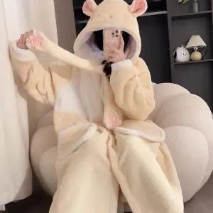 티류으스 여성 겨울 극세사 햄스터 후드 롱 파자마 가운 홈웨어 Lyw