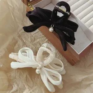 [콩심팥심]여성 2컬러 프렌치 펄 진주 리본 샤크 집게핀 헤어핀