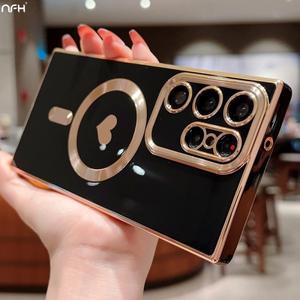 갤럭시 S25 S24 울트라 럭셔리 맥세이프 마그네틱 귀여운 도금 프레임 케이스, S21 S22 S23 플러스 보호