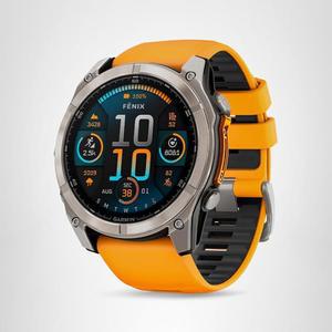 Garmin f nix 8 51mm, AMOLED, 사파이어, 프리미엄 멀티스포츠 GPS 스마트워치, 오래 지속되는 배터리 수명, 급강하 등급, 내장 LED 손전등, 티타늄 및 스파크 오렌지/흑연 밴드